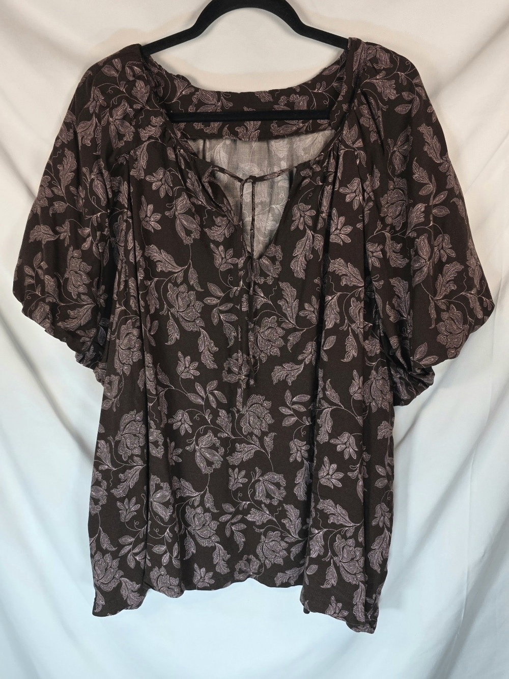 Angels Forever Young Boho Floral Peasant Blouse Sz 3X Brown Pink Puff Sleeve
